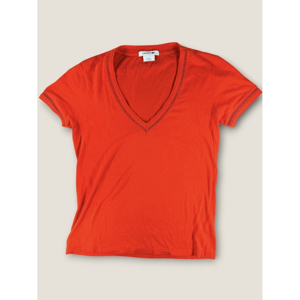 Lacoste Womens‎ V-Neck T-Shirt Size 34 XS Red Cotton Crochet Ladder Trim Logo